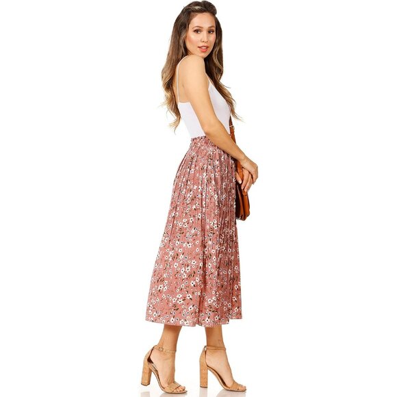 Elegant Pink Floral Pleated Midi Skirt - High-Waisted with Convenient Pockets - Picture 3 of 6